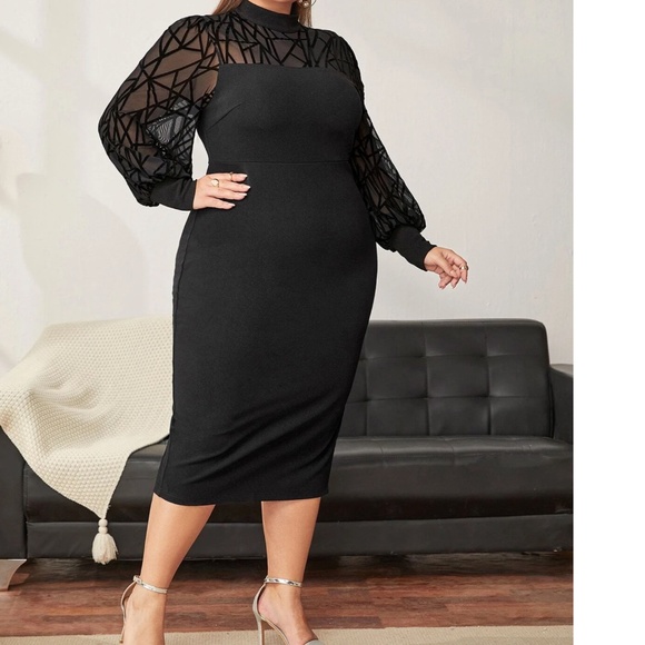 Plus Black Mock Neck Semi Sheer Long Sleeve Fitted Dress - Picture 4 of 5